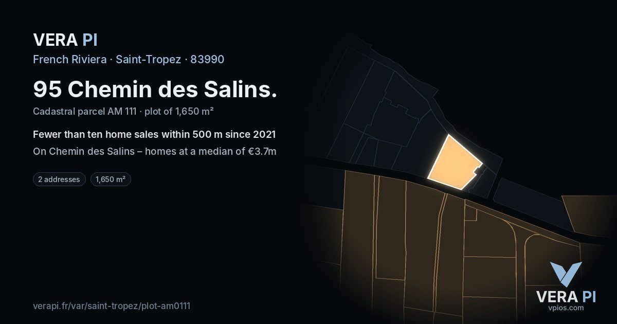 95 Chemin des Salins, Saint-Tropez at night – the plot lit, the parcels around coloured by the prices near them