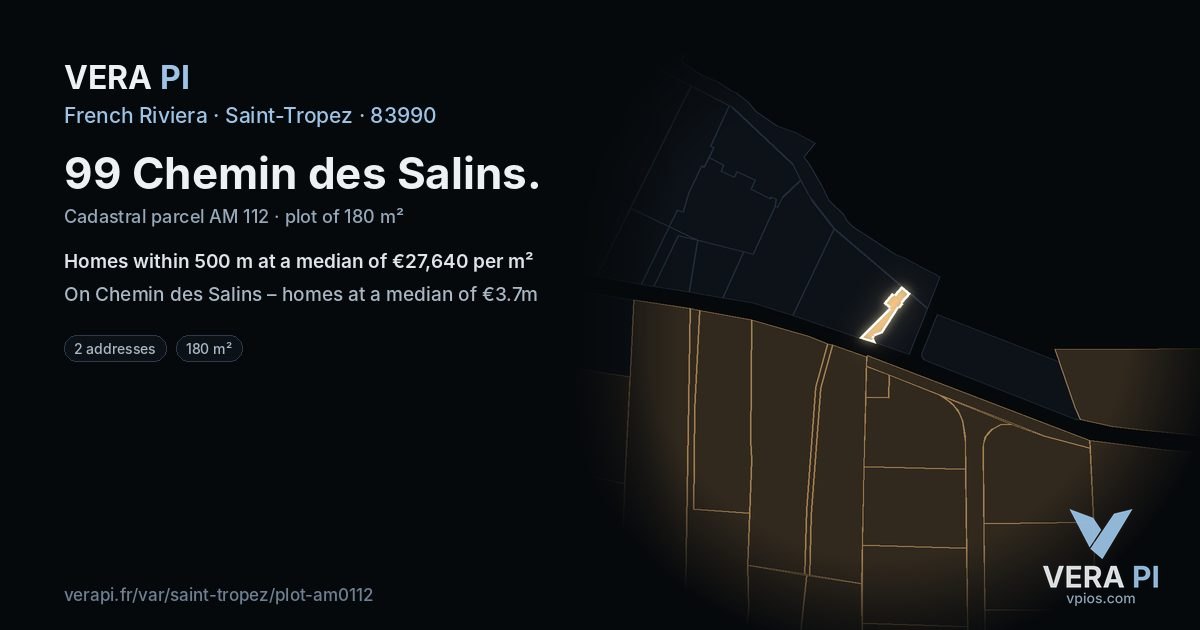 99 Chemin des Salins, Saint-Tropez at night – the plot lit, the parcels around coloured by the prices near them