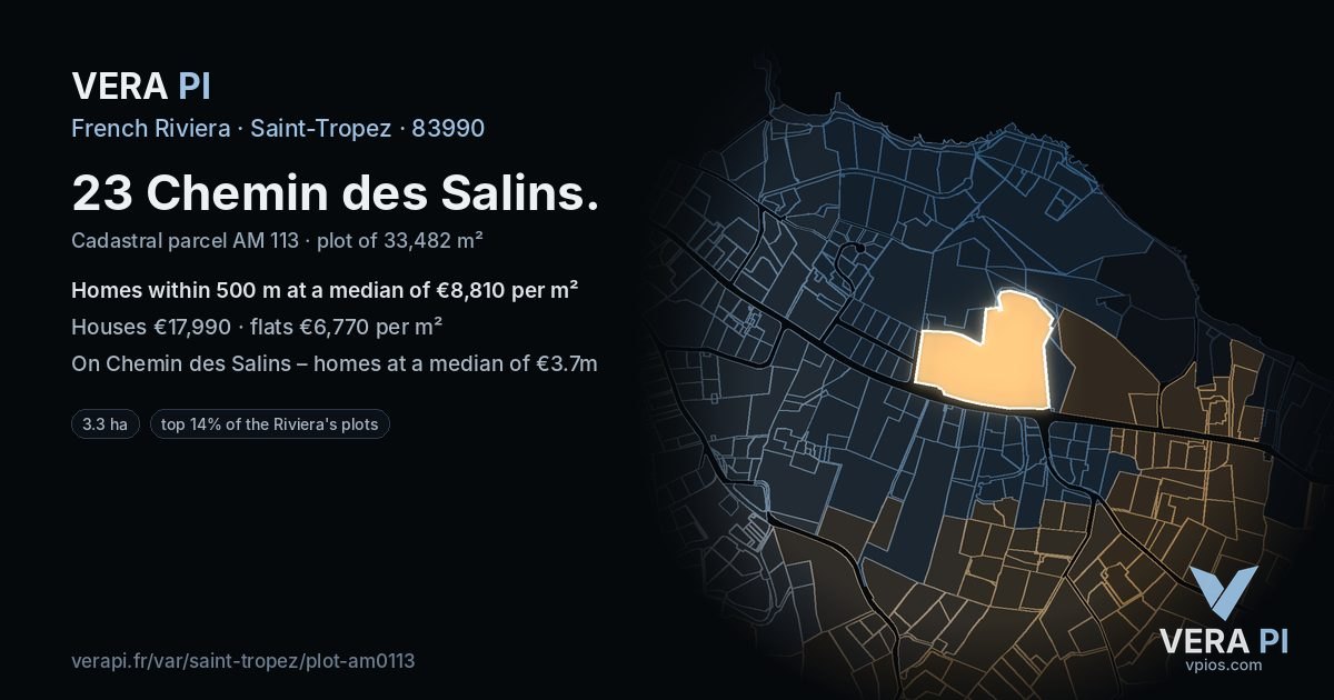 23 Chemin des Salins, Saint-Tropez at night – the plot lit, the parcels around coloured by the prices near them