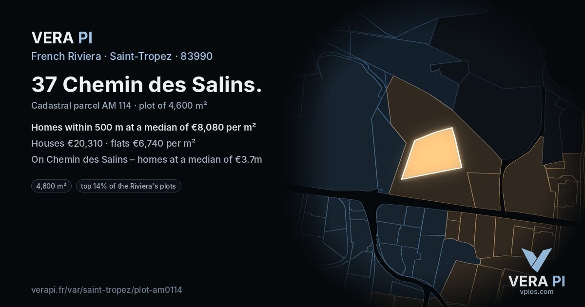 37 Chemin des Salins, Saint-Tropez at night – the plot lit, the parcels around coloured by the prices near them