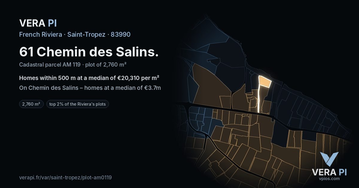 61 Chemin des Salins, Saint-Tropez at night – the plot lit, the parcels around coloured by the prices near them