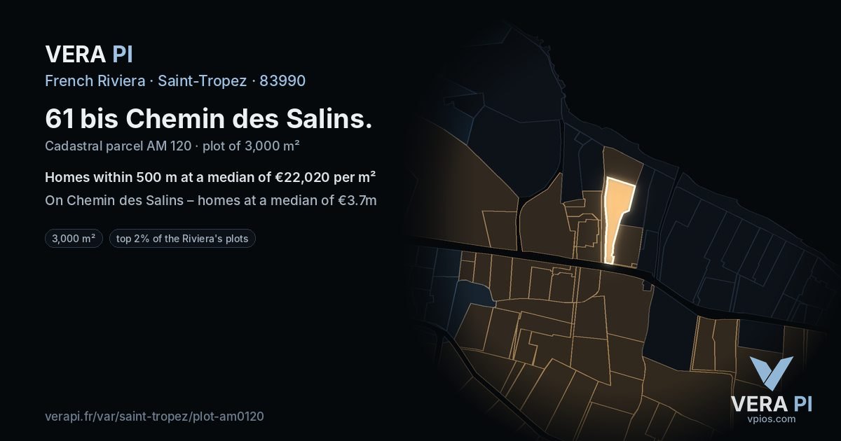 61 bis Chemin des Salins, Saint-Tropez at night – the plot lit, the parcels around coloured by the prices near them