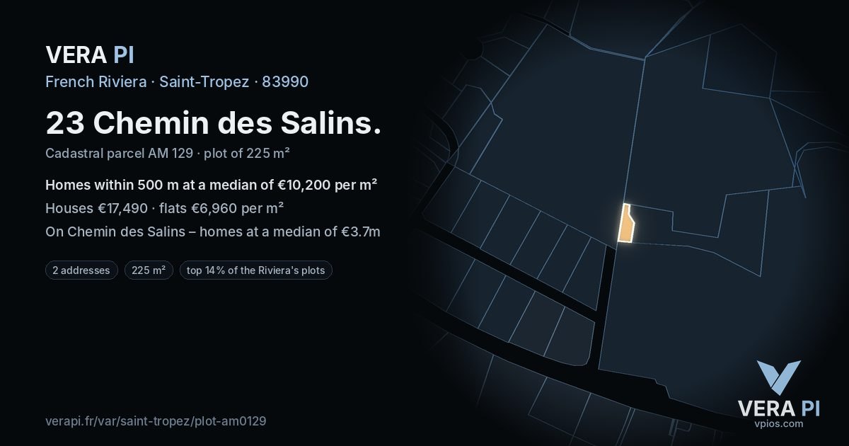 23 Chemin des Salins, Saint-Tropez at night – the plot lit, the parcels around coloured by the prices near them