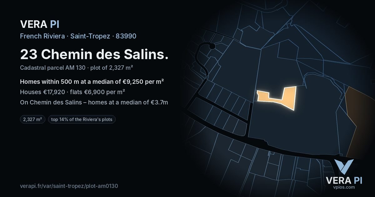 23 Chemin des Salins, Saint-Tropez at night – the plot lit, the parcels around coloured by the prices near them