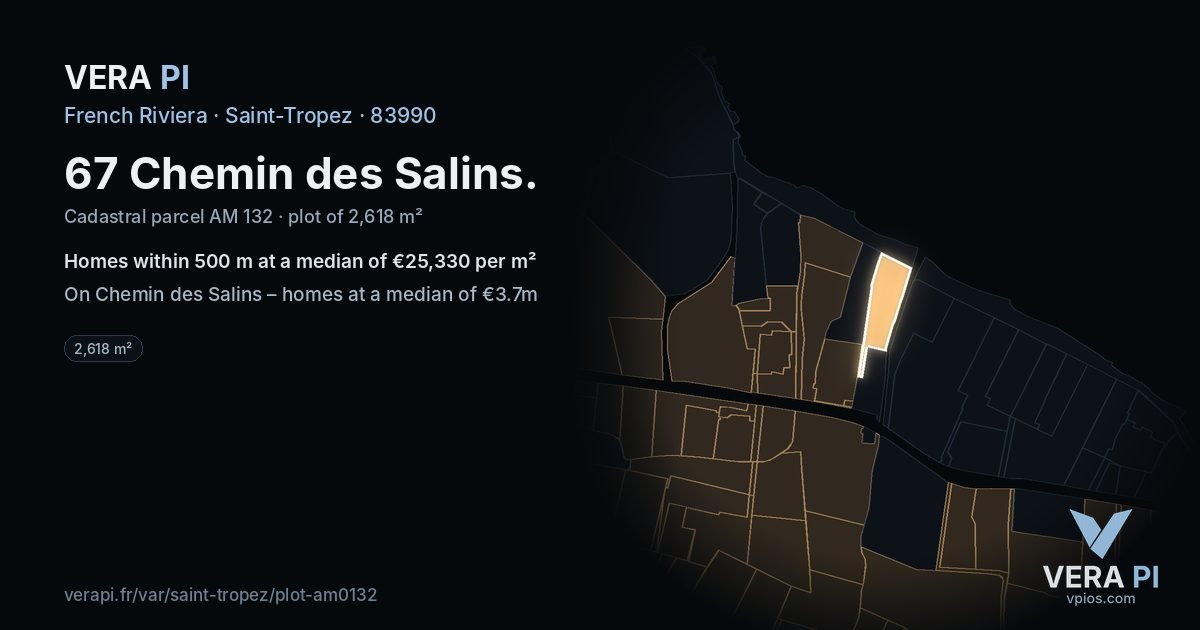 67 Chemin des Salins, Saint-Tropez at night – the plot lit, the parcels around coloured by the prices near them