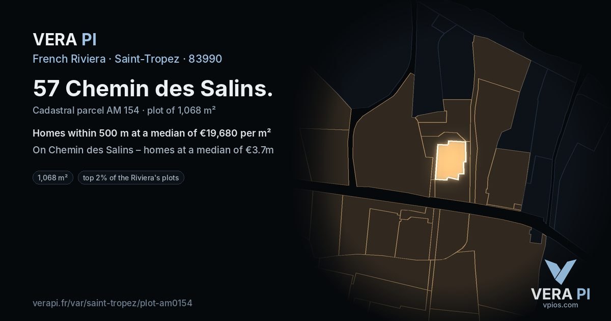 57 Chemin des Salins, Saint-Tropez at night – the plot lit, the parcels around coloured by the prices near them