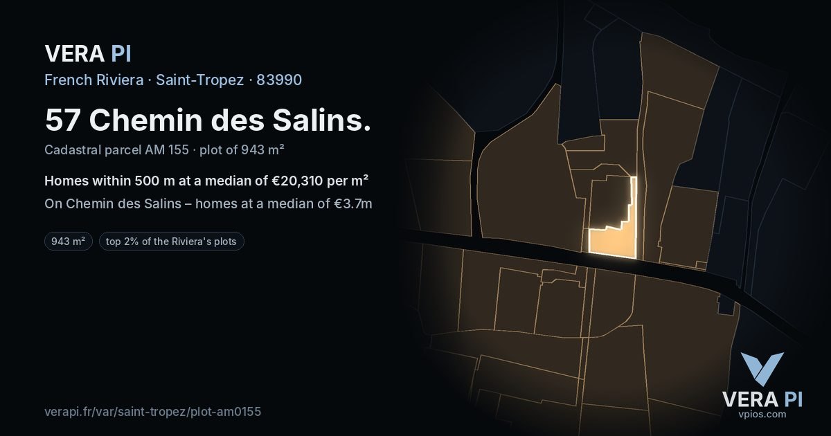 57 Chemin des Salins, Saint-Tropez at night – the plot lit, the parcels around coloured by the prices near them