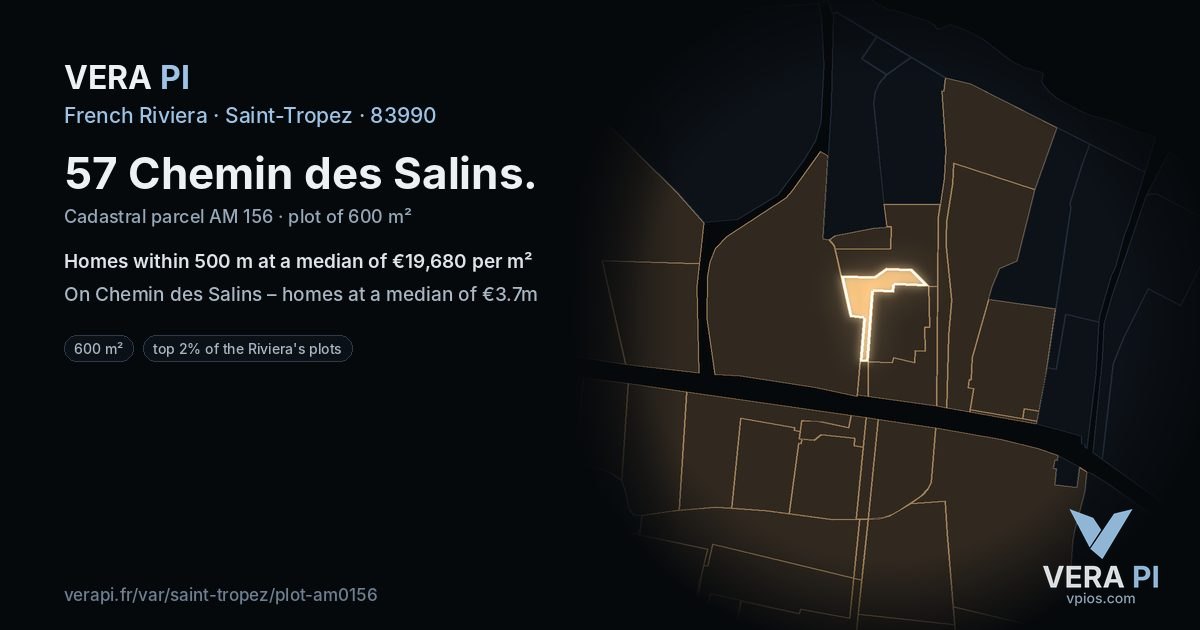 57 Chemin des Salins, Saint-Tropez at night – the plot lit, the parcels around coloured by the prices near them