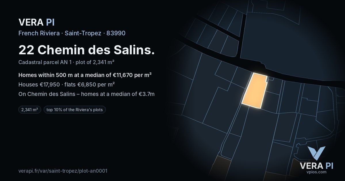 22 Chemin des Salins, Saint-Tropez at night – the plot lit, the parcels around coloured by the prices near them