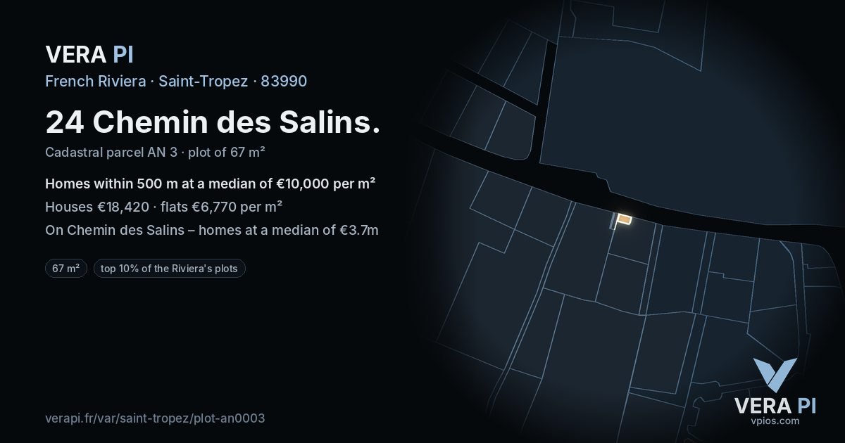 24 Chemin des Salins, Saint-Tropez at night – the plot lit, the parcels around coloured by the prices near them