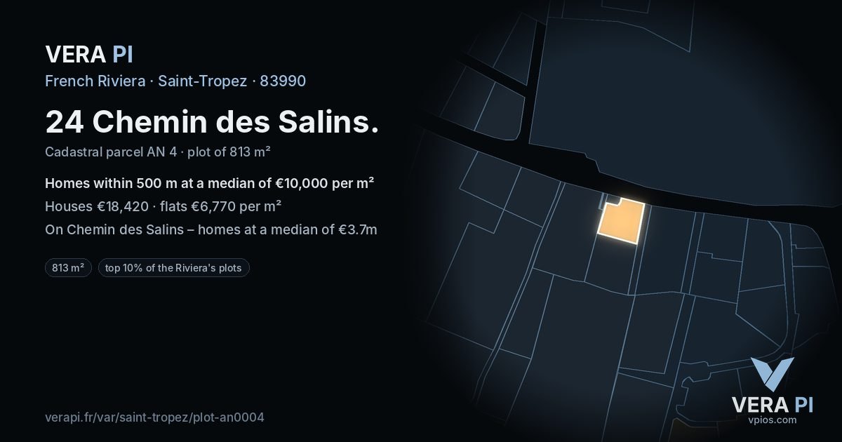 24 Chemin des Salins, Saint-Tropez at night – the plot lit, the parcels around coloured by the prices near them