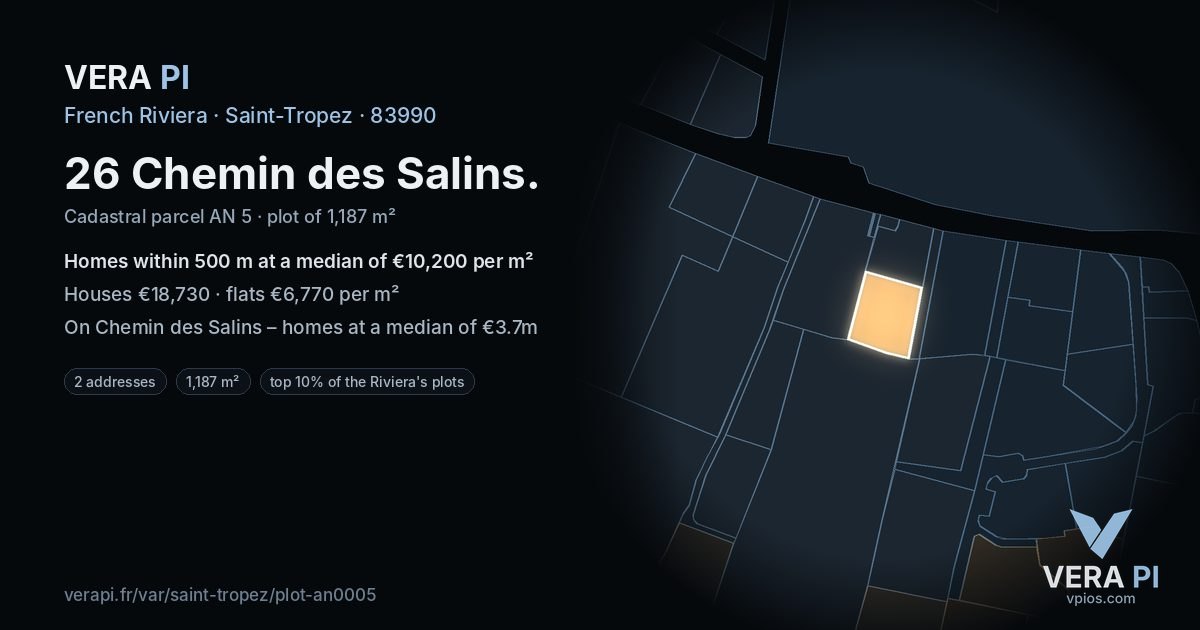 26 Chemin des Salins, Saint-Tropez at night – the plot lit, the parcels around coloured by the prices near them