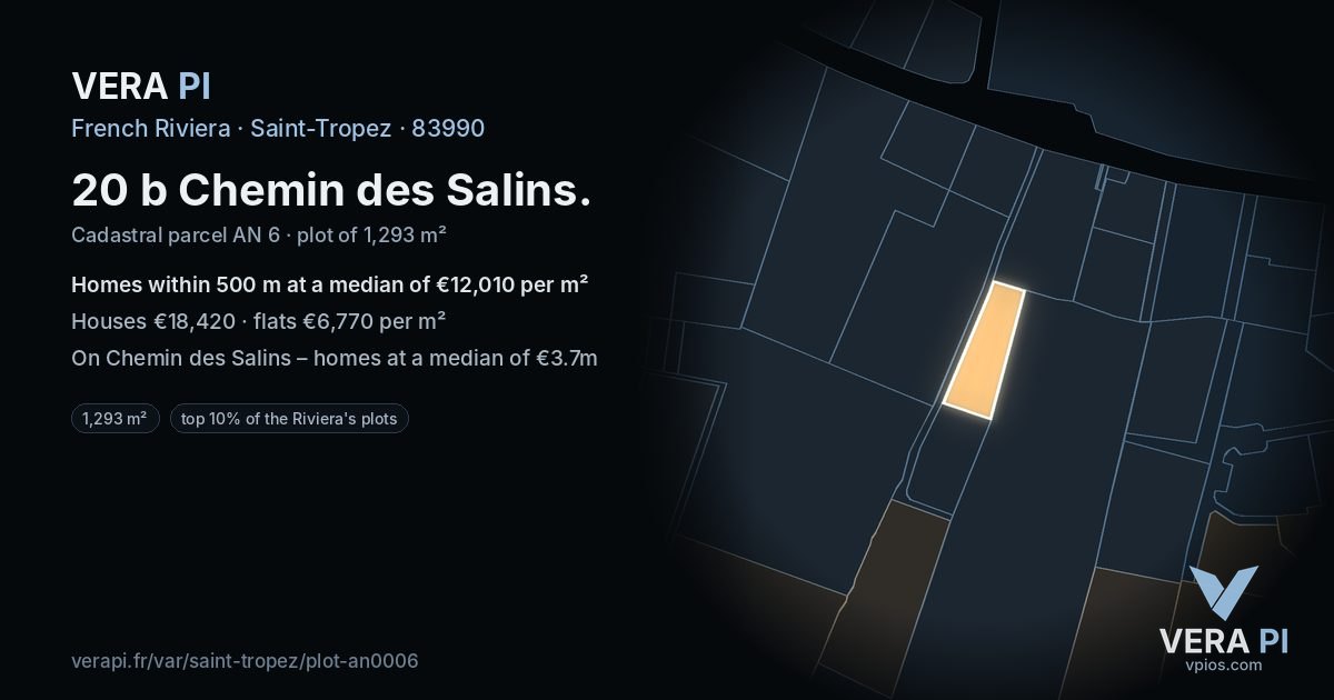 20 b Chemin des Salins, Saint-Tropez at night – the plot lit, the parcels around coloured by the prices near them