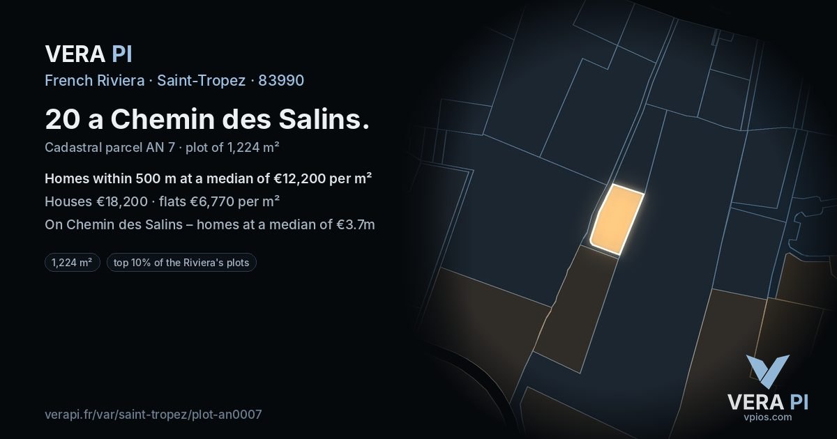 20 a Chemin des Salins, Saint-Tropez at night – the plot lit, the parcels around coloured by the prices near them
