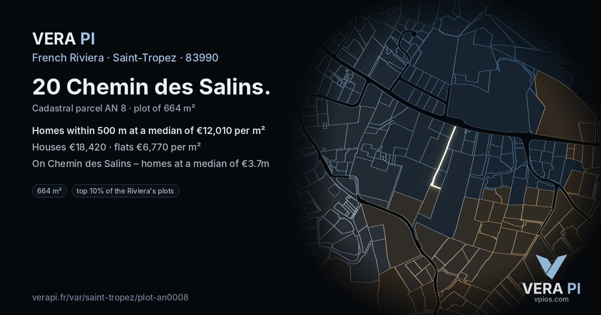20 Chemin des Salins, Saint-Tropez at night – the plot lit, the parcels around coloured by the prices near them