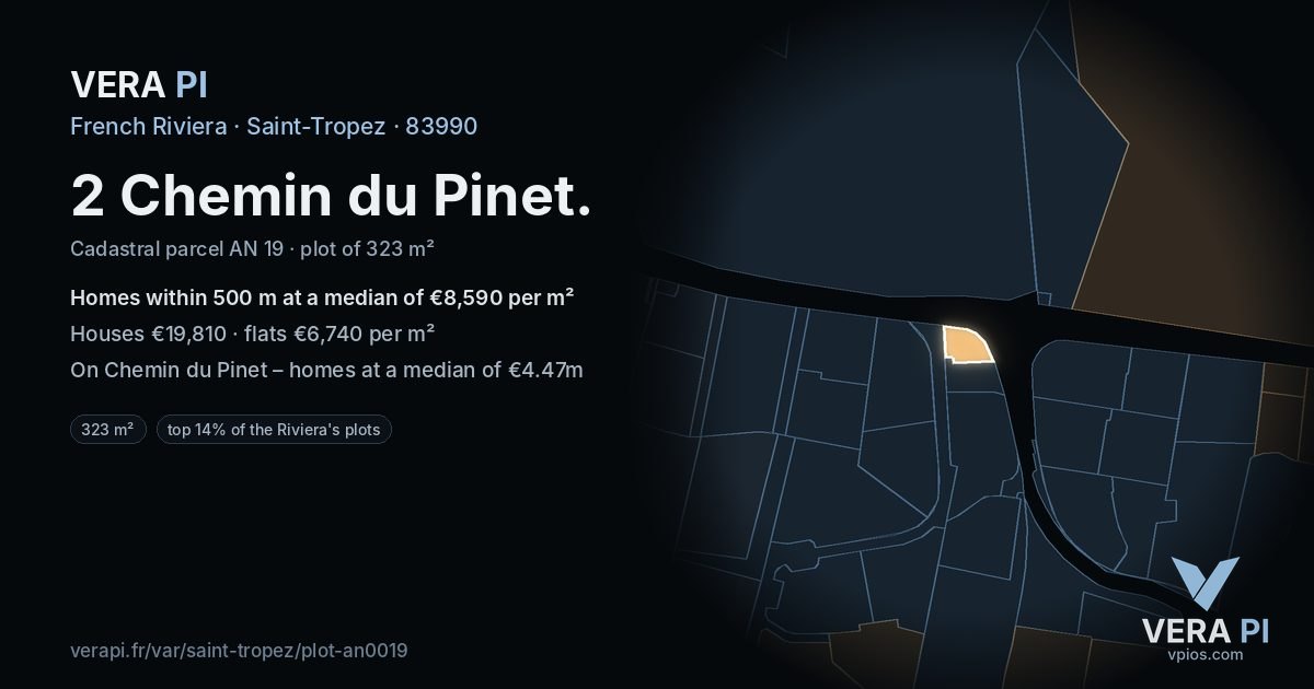 2 Chemin du Pinet, Saint-Tropez at night – the plot lit, the parcels around coloured by the prices near them