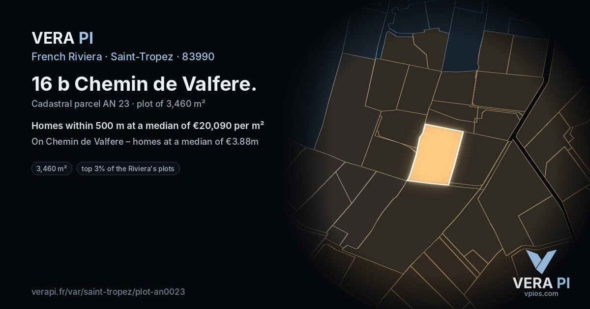 16 b Chemin de Valfere, Saint-Tropez at night – the plot lit, the parcels around coloured by the prices near them