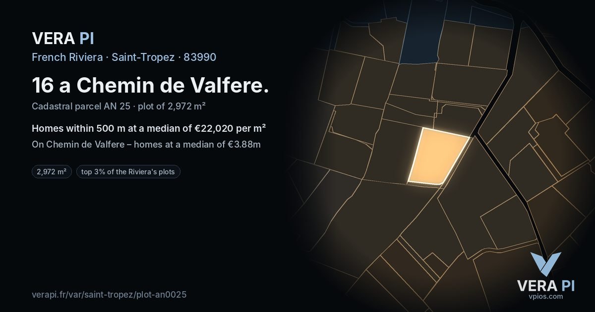 16 a Chemin de Valfere, Saint-Tropez at night – the plot lit, the parcels around coloured by the prices near them