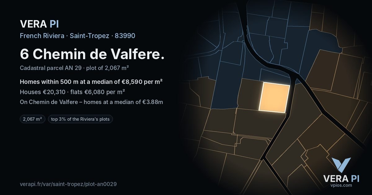 6 Chemin de Valfere, Saint-Tropez at night – the plot lit, the parcels around coloured by the prices near them
