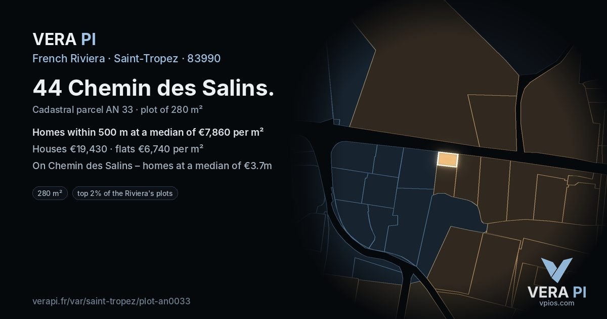 44 Chemin des Salins, Saint-Tropez at night – the plot lit, the parcels around coloured by the prices near them