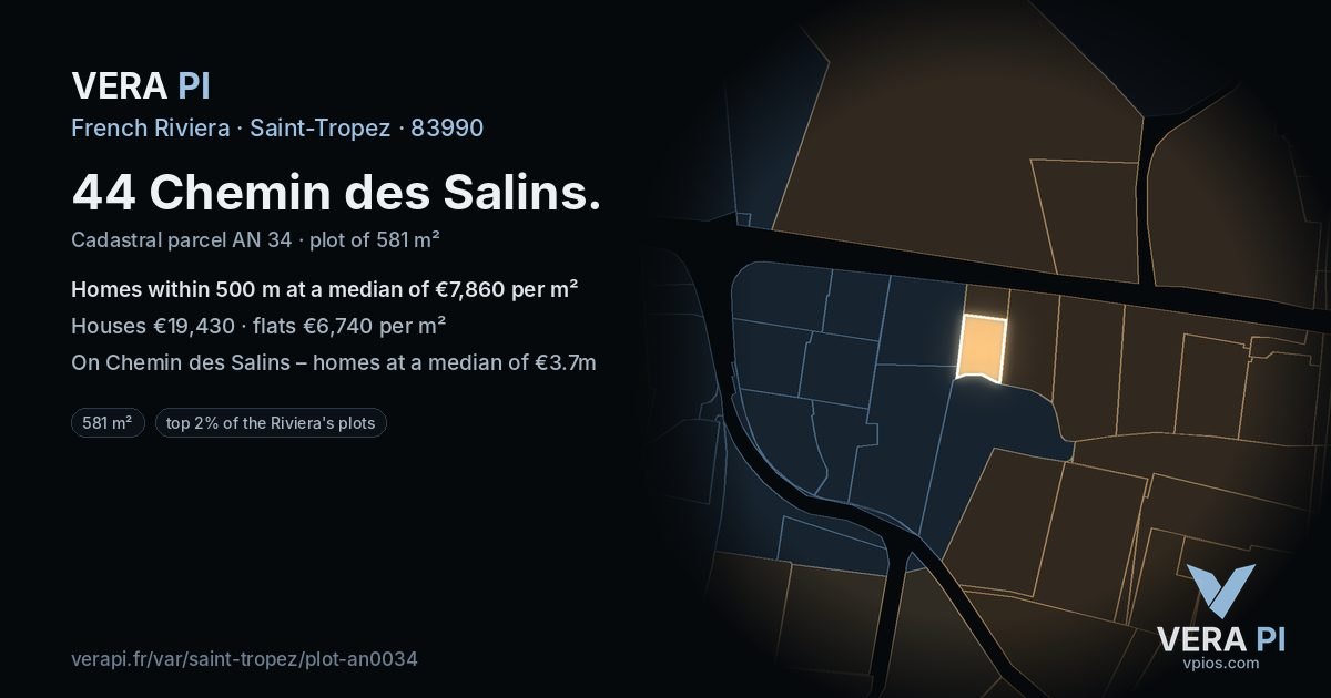 44 Chemin des Salins, Saint-Tropez at night – the plot lit, the parcels around coloured by the prices near them