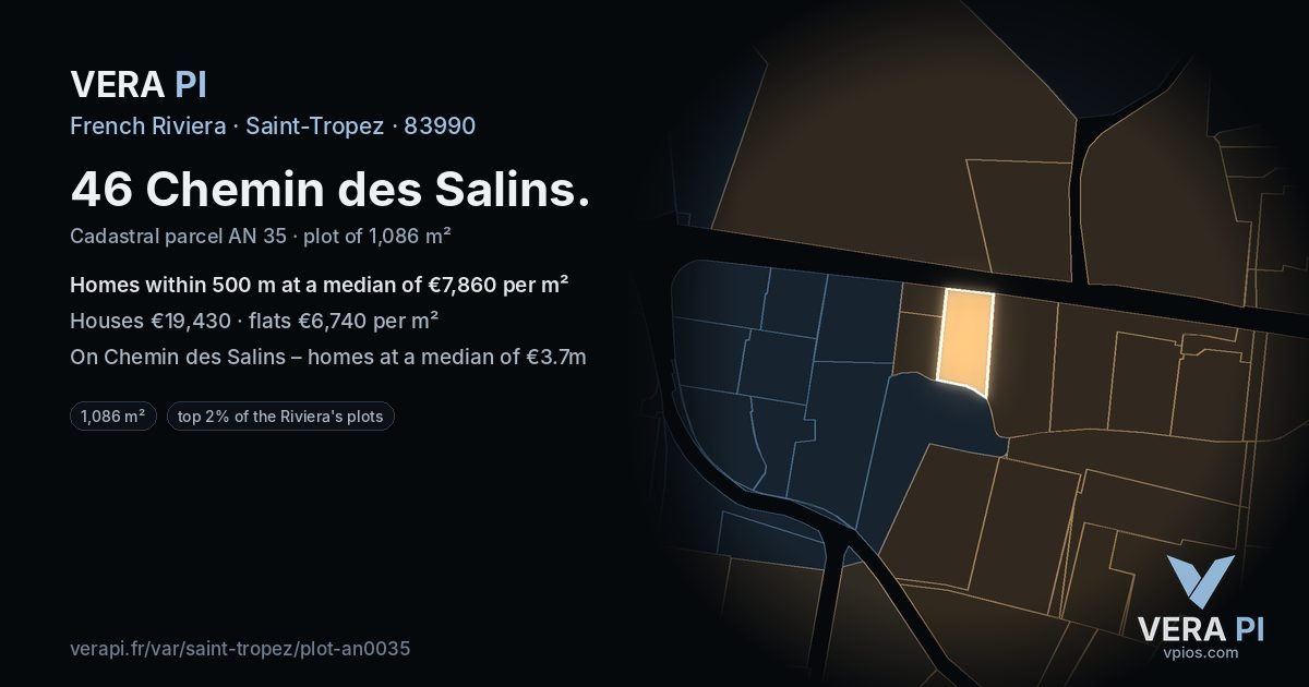46 Chemin des Salins, Saint-Tropez at night – the plot lit, the parcels around coloured by the prices near them