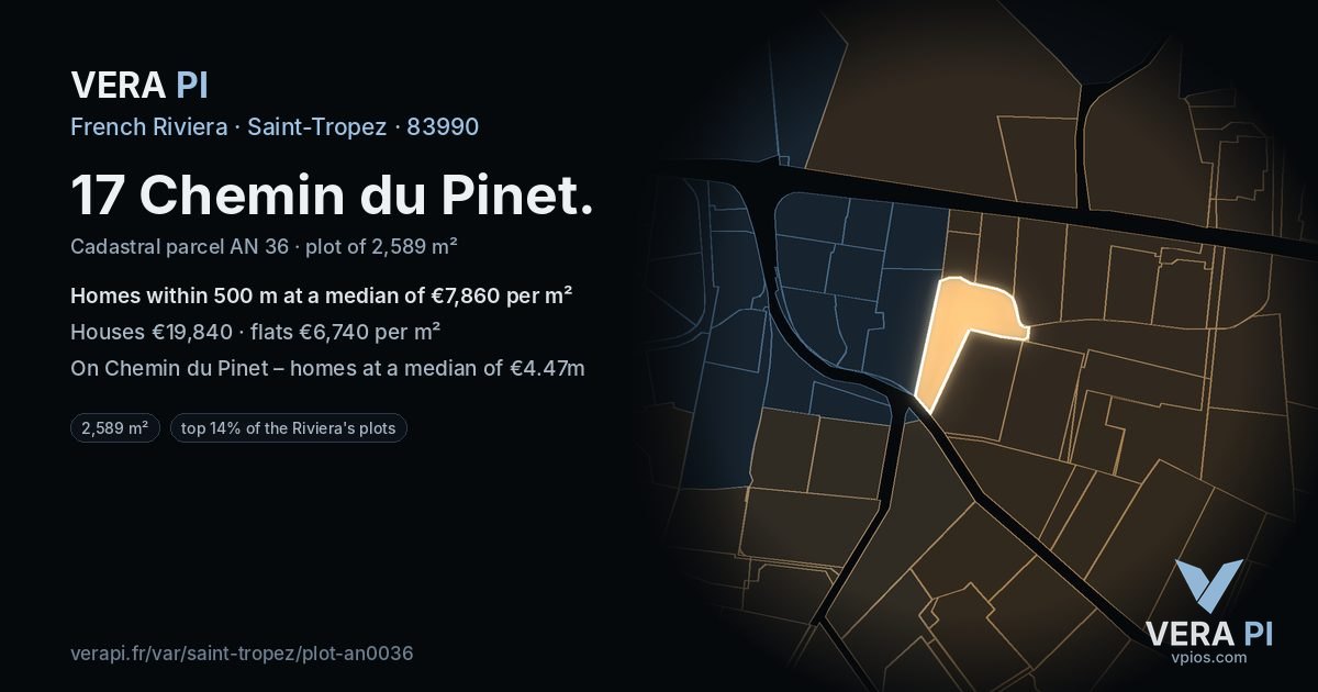 17 Chemin du Pinet, Saint-Tropez at night – the plot lit, the parcels around coloured by the prices near them
