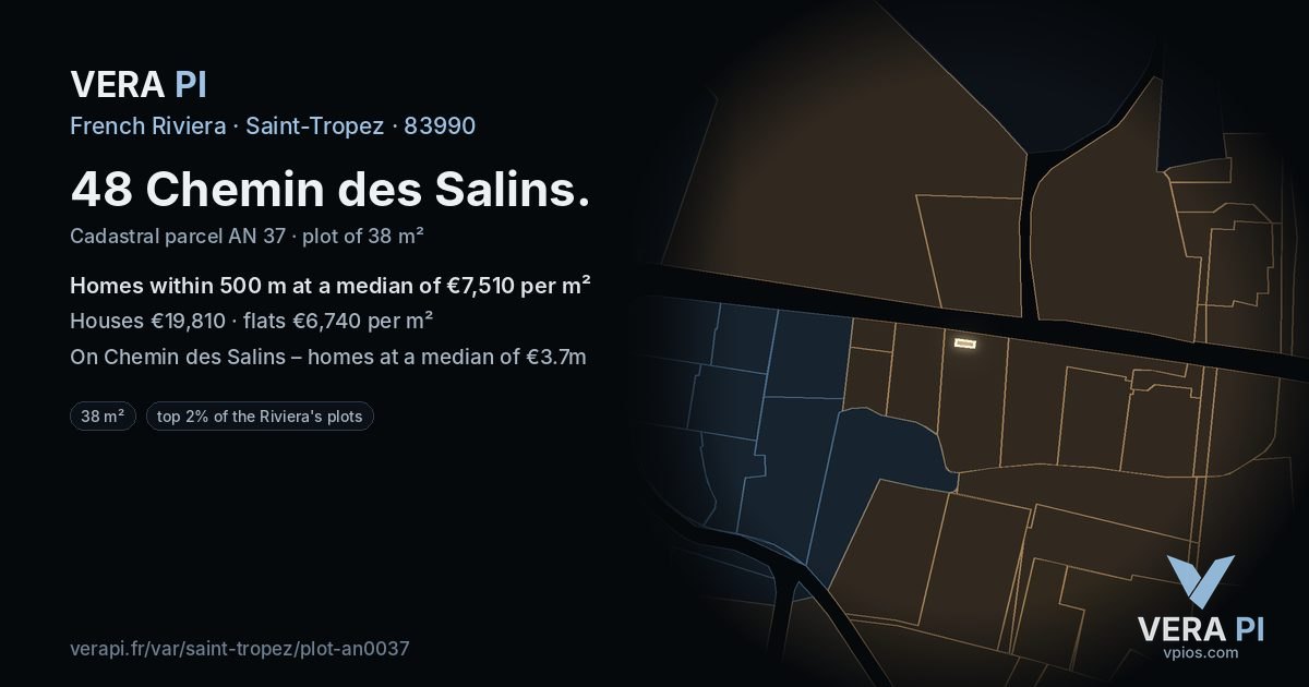 48 Chemin des Salins, Saint-Tropez at night – the plot lit, the parcels around coloured by the prices near them