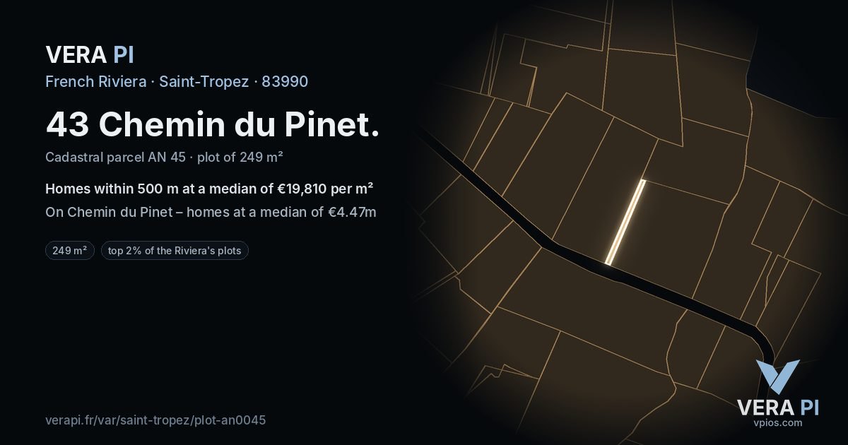 43 Chemin du Pinet, Saint-Tropez at night – the plot lit, the parcels around coloured by the prices near them