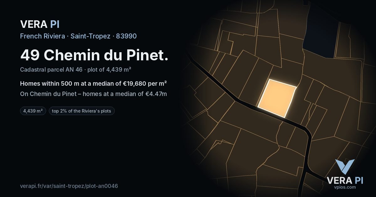 49 Chemin du Pinet, Saint-Tropez at night – the plot lit, the parcels around coloured by the prices near them