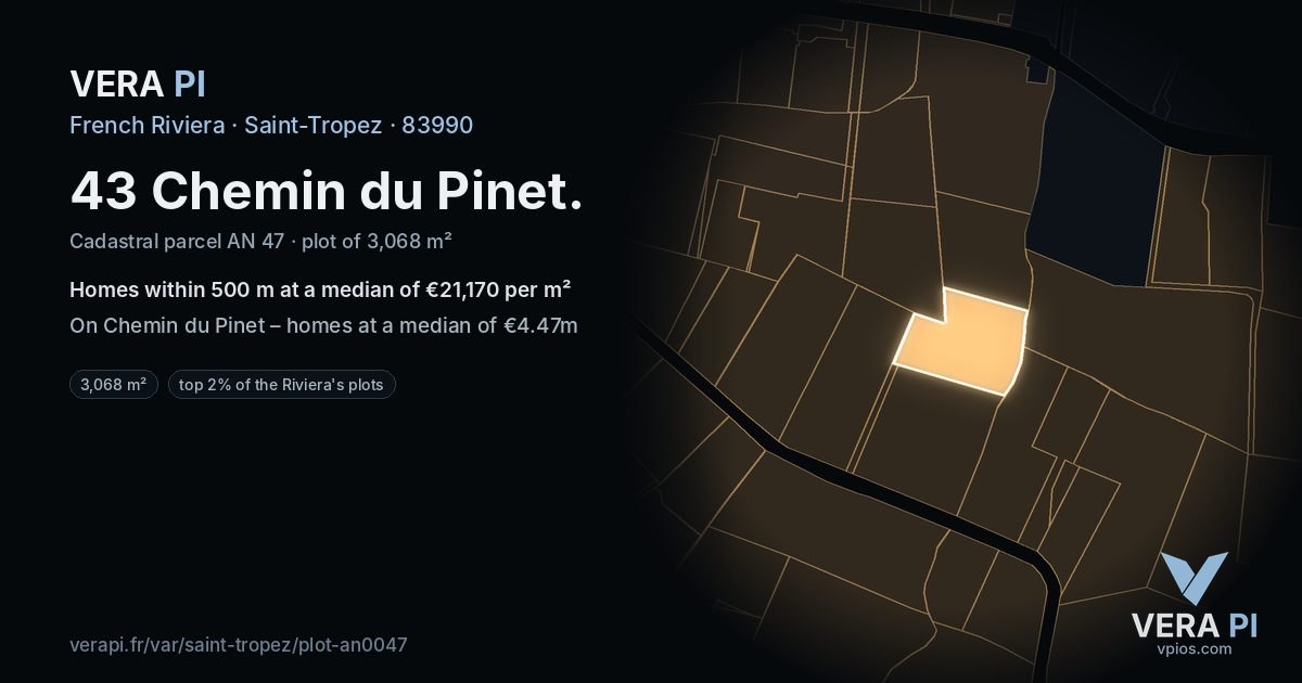 43 Chemin du Pinet, Saint-Tropez at night – the plot lit, the parcels around coloured by the prices near them