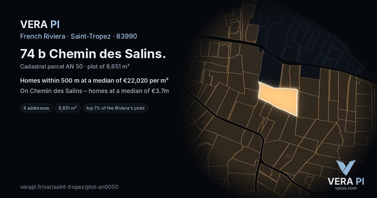 74 b Chemin des Salins, Saint-Tropez at night – the plot lit, the parcels around coloured by the prices near them