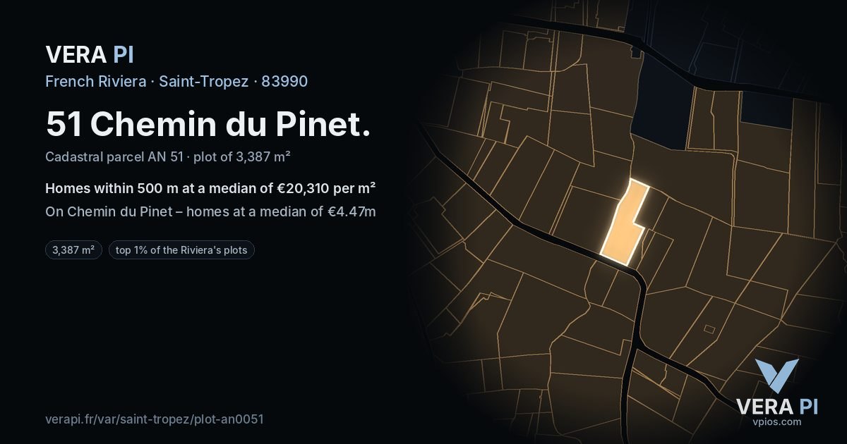 51 Chemin du Pinet, Saint-Tropez at night – the plot lit, the parcels around coloured by the prices near them