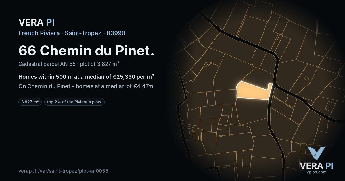 66 Chemin du Pinet, Saint-Tropez at night – the plot lit, the parcels around coloured by the prices near them
