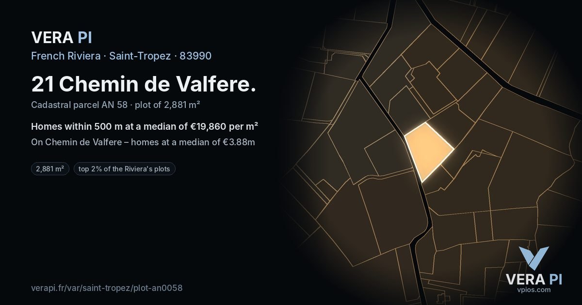 21 Chemin de Valfere, Saint-Tropez at night – the plot lit, the parcels around coloured by the prices near them