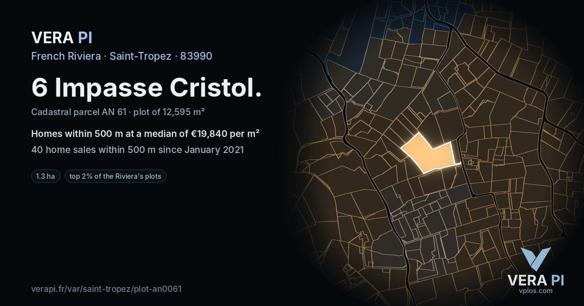 6 Impasse Cristol, Saint-Tropez at night – the plot lit, the parcels around coloured by the prices near them