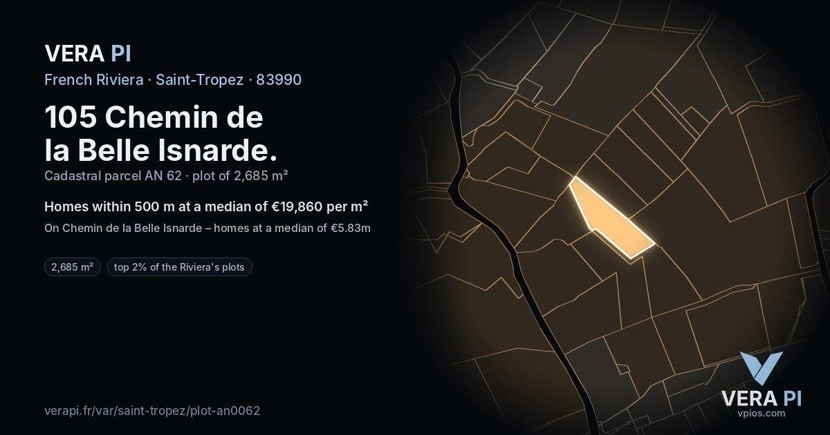 105 Chemin de la Belle Isnarde, Saint-Tropez at night – the plot lit, the parcels around coloured by the prices near them