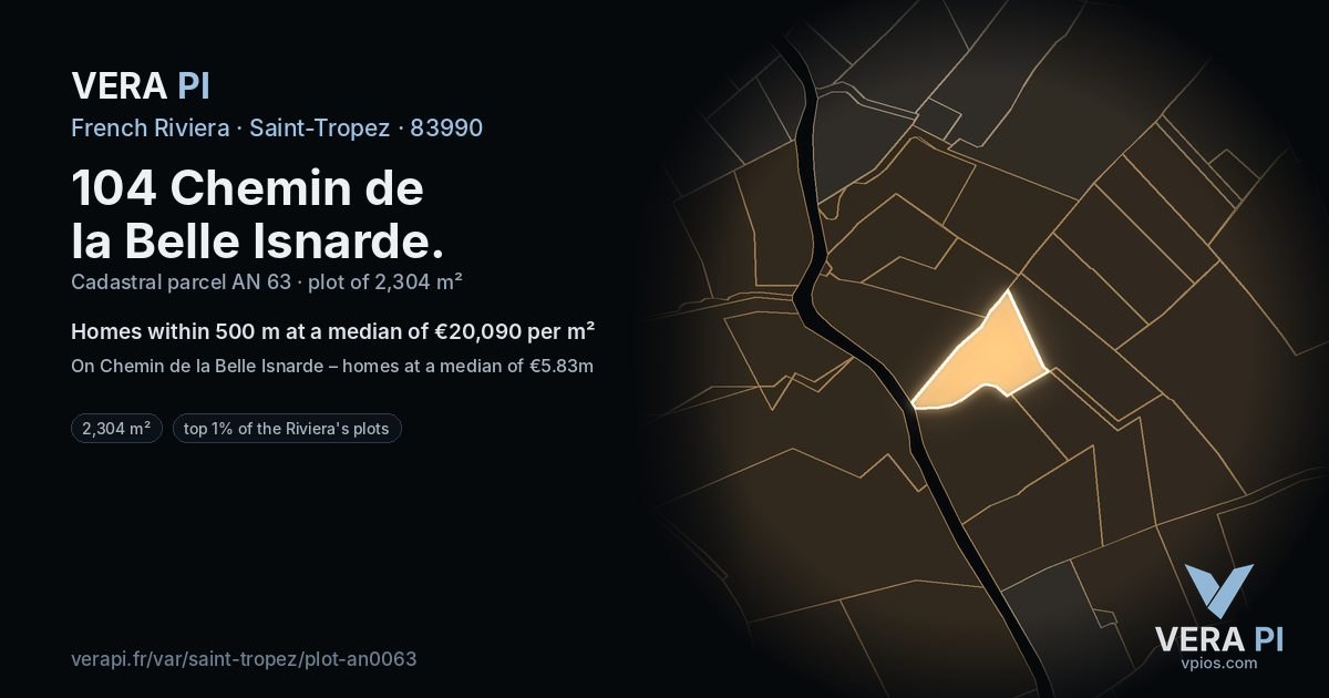 104 Chemin de la Belle Isnarde, Saint-Tropez at night – the plot lit, the parcels around coloured by the prices near them