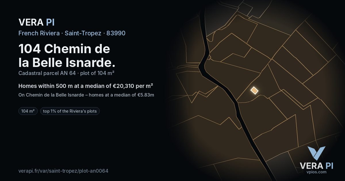 104 Chemin de la Belle Isnarde, Saint-Tropez at night – the plot lit, the parcels around coloured by the prices near them