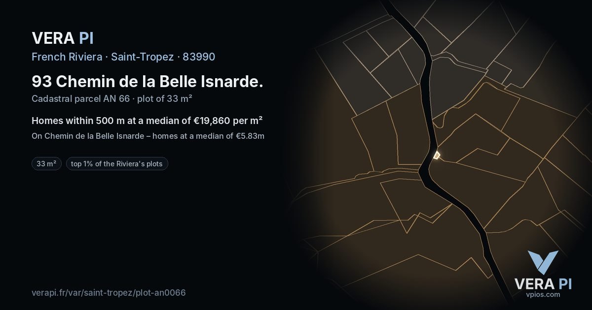 93 Chemin de la Belle Isnarde, Saint-Tropez at night – the plot lit, the parcels around coloured by the prices near them