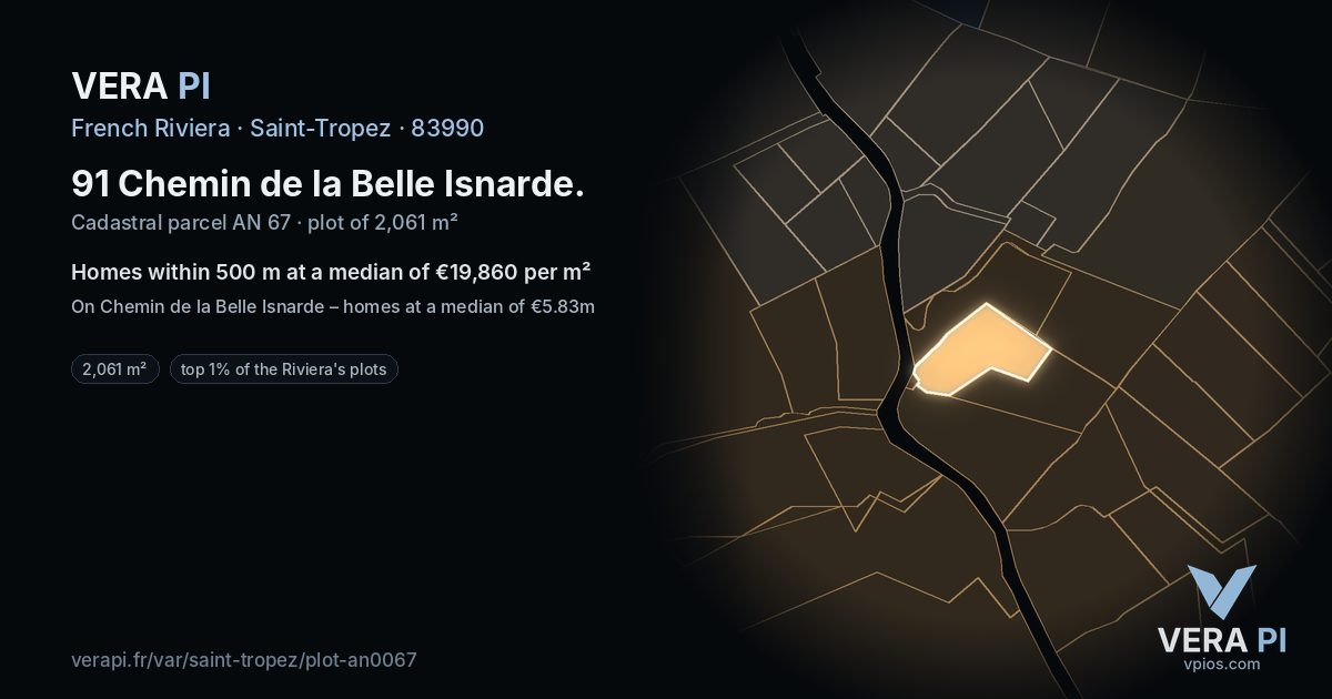 91 Chemin de la Belle Isnarde, Saint-Tropez at night – the plot lit, the parcels around coloured by the prices near them