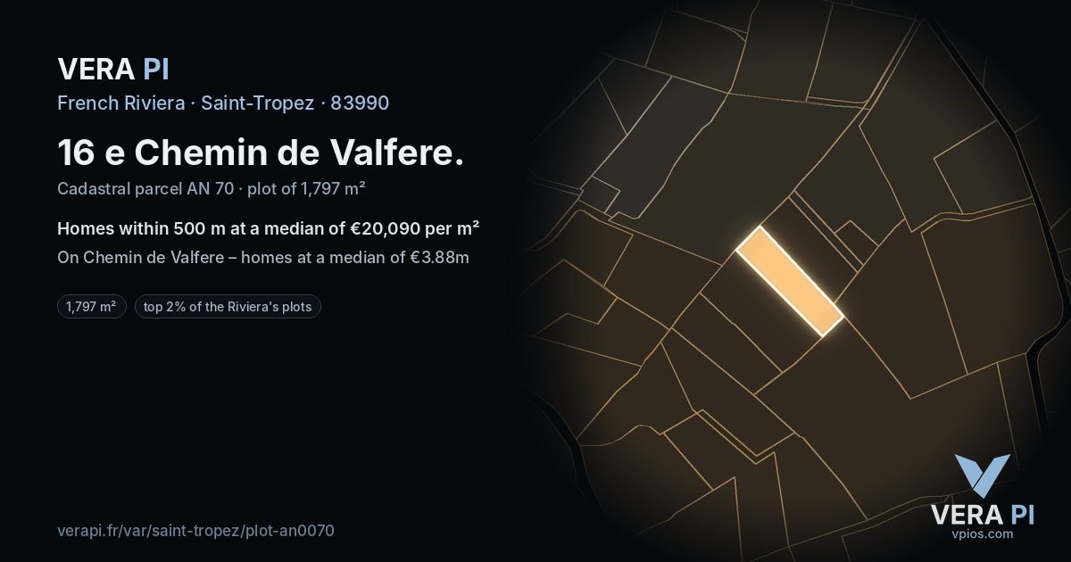 16 e Chemin de Valfere, Saint-Tropez at night – the plot lit, the parcels around coloured by the prices near them