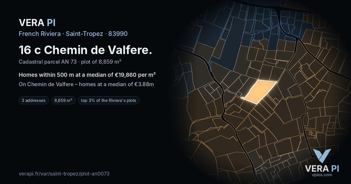 16 c Chemin de Valfere, Saint-Tropez at night – the plot lit, the parcels around coloured by the prices near them