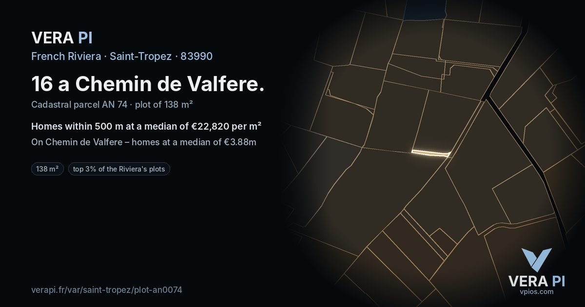 16 a Chemin de Valfere, Saint-Tropez at night – the plot lit, the parcels around coloured by the prices near them