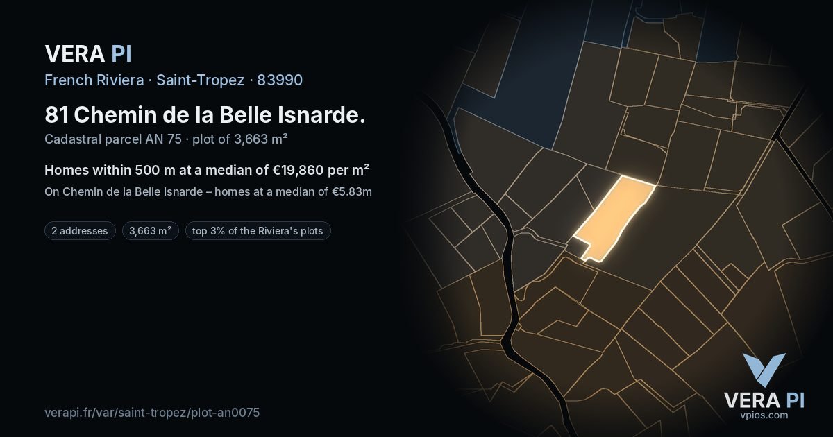 81 Chemin de la Belle Isnarde, Saint-Tropez at night – the plot lit, the parcels around coloured by the prices near them