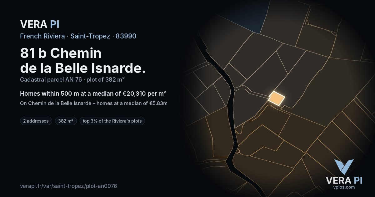 81 b Chemin de la Belle Isnarde, Saint-Tropez at night – the plot lit, the parcels around coloured by the prices near them