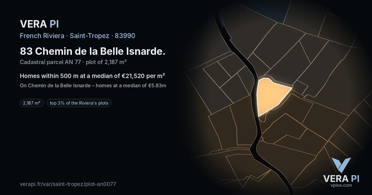 83 Chemin de la Belle Isnarde, Saint-Tropez at night – the plot lit, the parcels around coloured by the prices near them