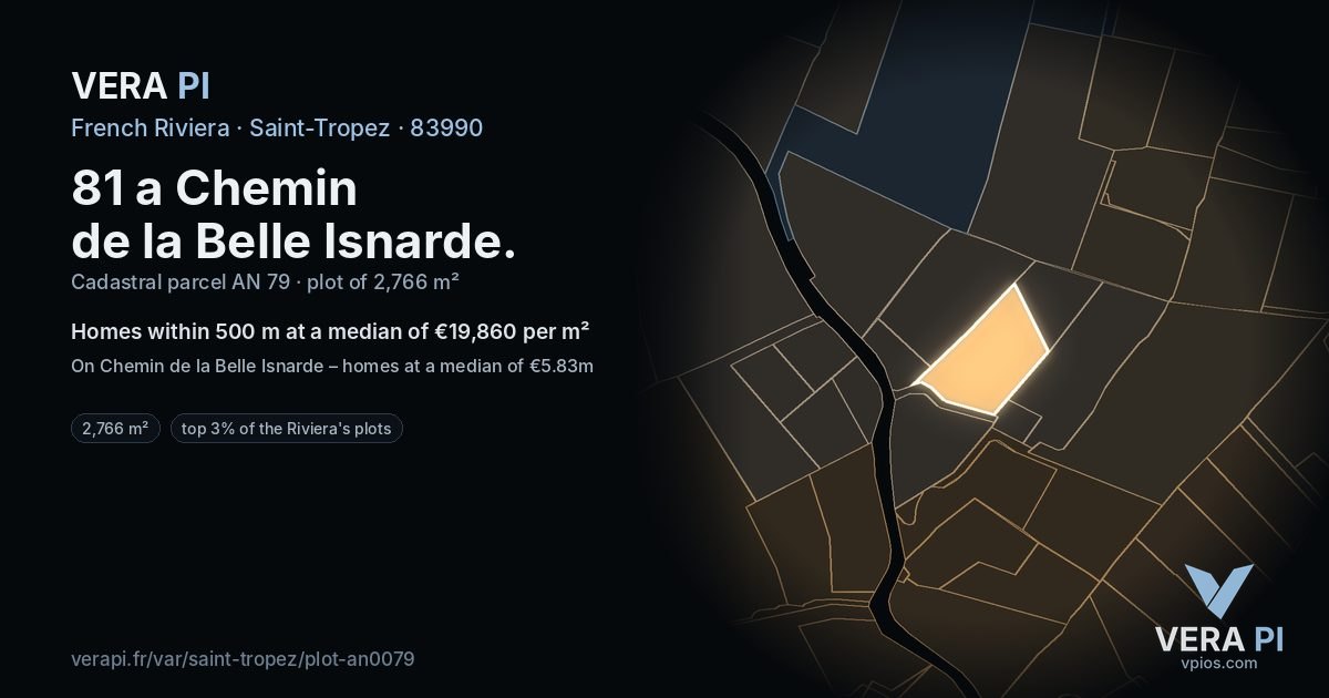 81 a Chemin de la Belle Isnarde, Saint-Tropez at night – the plot lit, the parcels around coloured by the prices near them