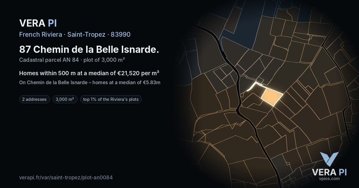 87 Chemin de la Belle Isnarde, Saint-Tropez at night – the plot lit, the parcels around coloured by the prices near them