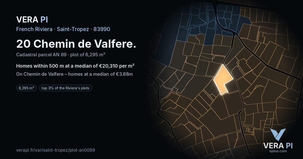 20 Chemin de Valfere, Saint-Tropez at night – the plot lit, the parcels around coloured by the prices near them